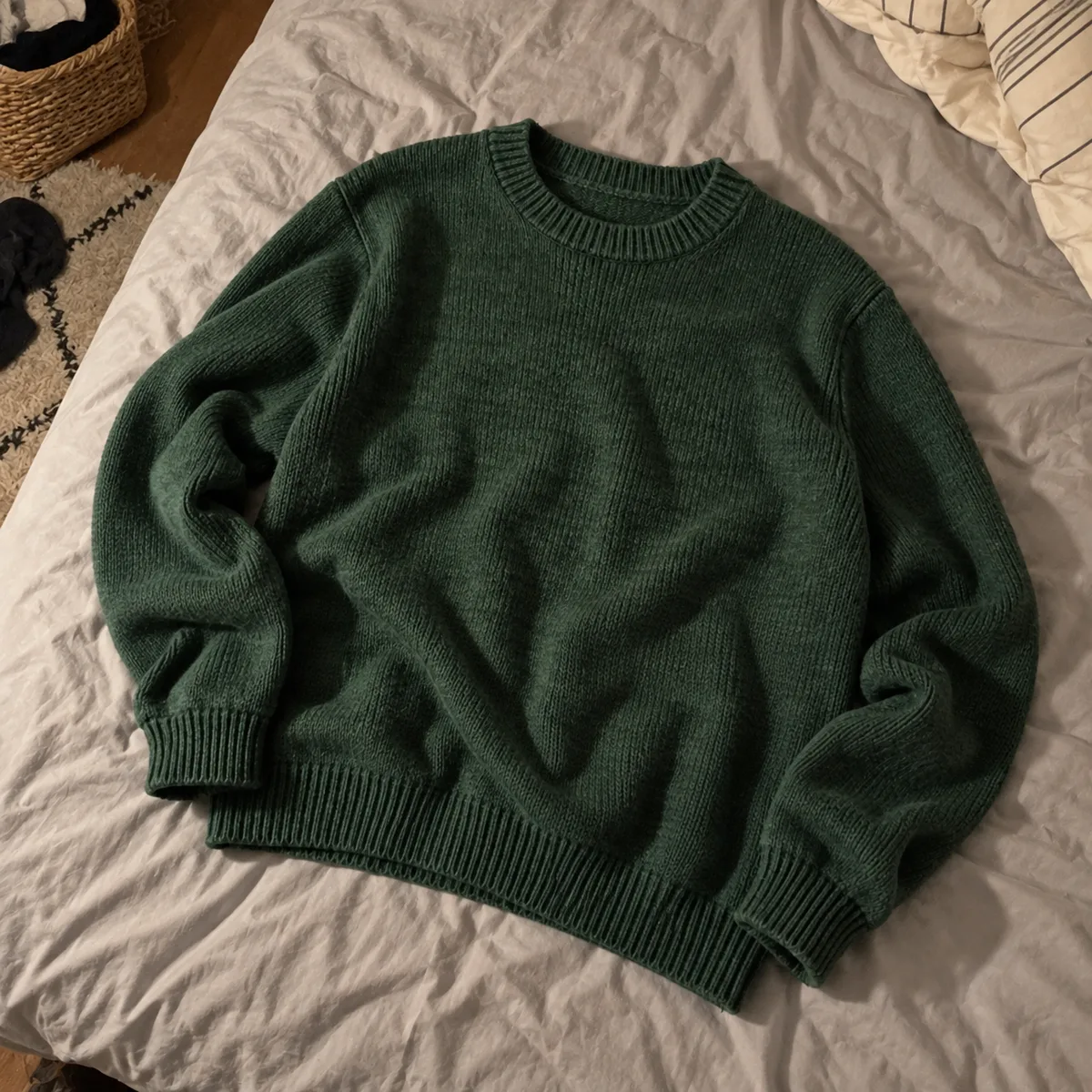 A green jumper photographed crumpled on an unmade bed in warm lamp light